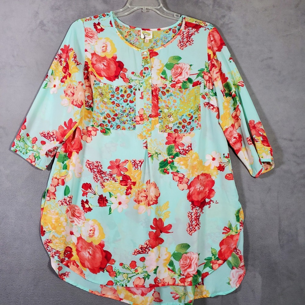 Fig and Flower Tunic Top Womens 1X Aqua Red Floral 3/4 Sleeve Button‎ Cottage
